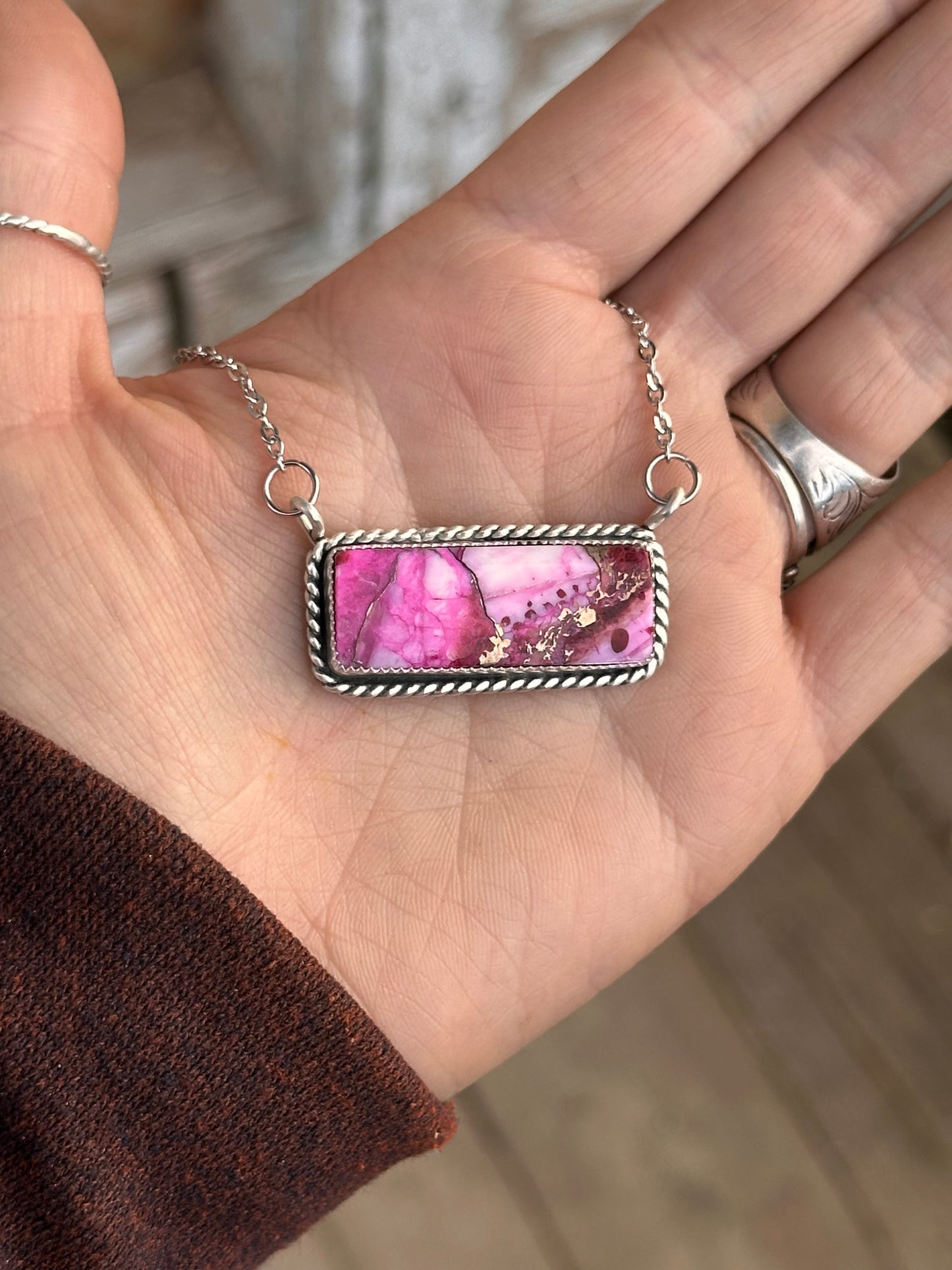 Pink Spiny Oyster/Kingman Turquoise & Sterling Silver Bar Necklace
