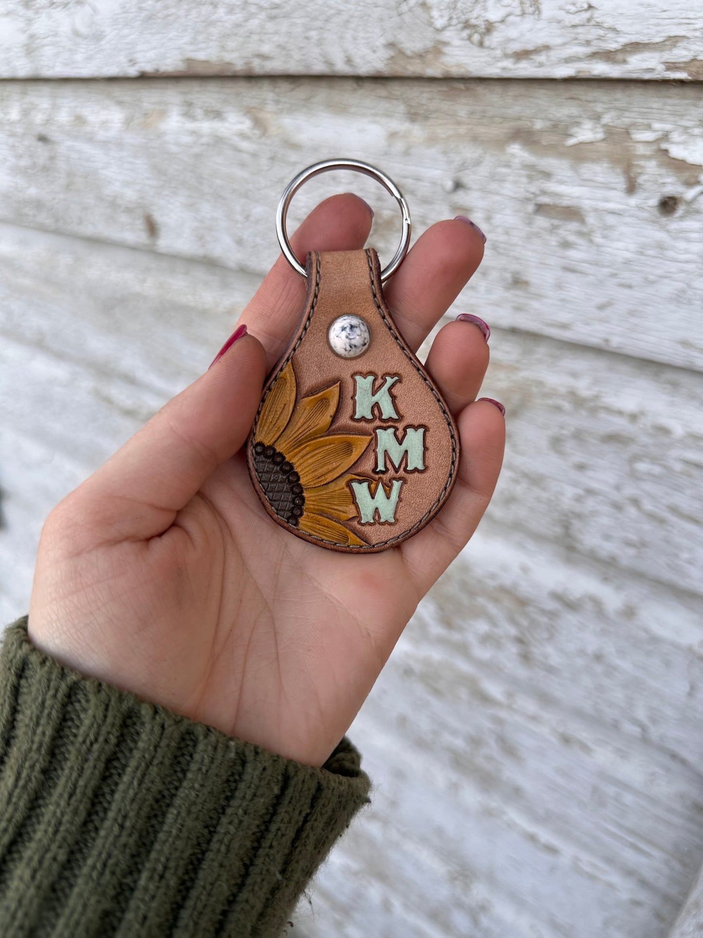 Tooled Leather Sunflower & Initials Keychain
