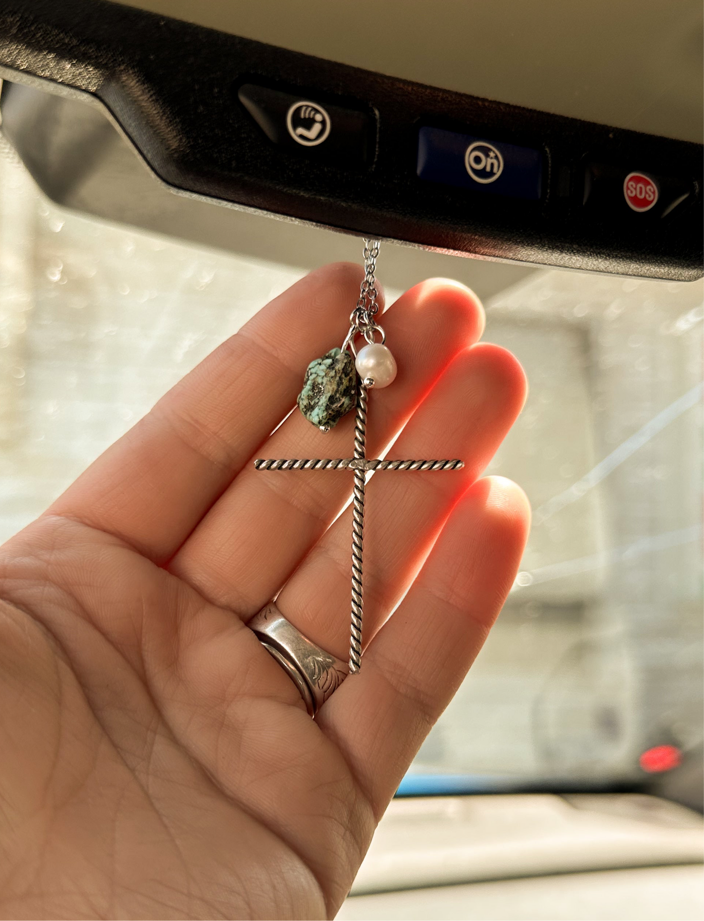 Sterling Silver Rearview Mirror Cross Charm with Pearl & Turquoise