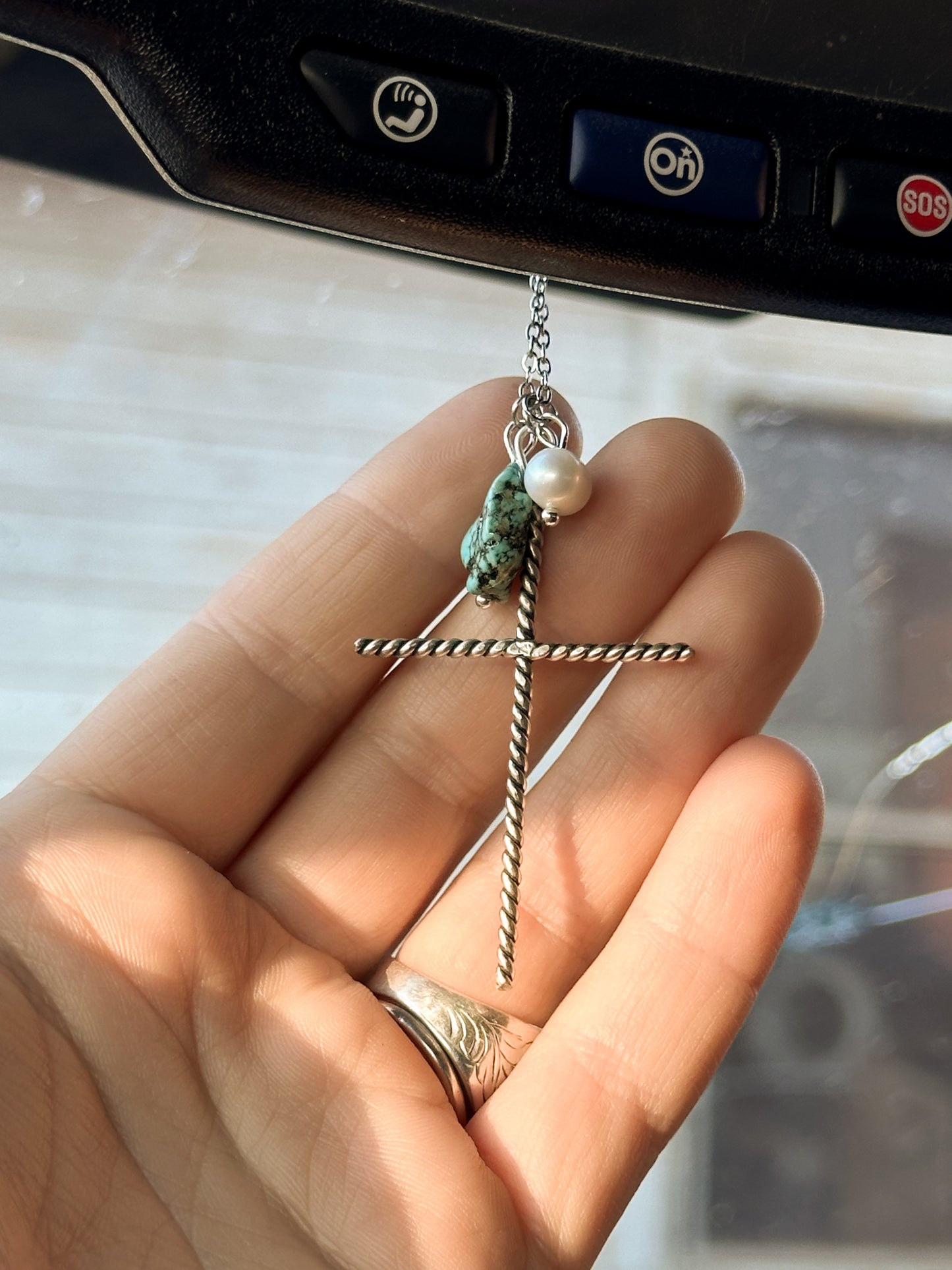 Sterling Silver Rearview Mirror Cross Charm with Pearl & Turquoise