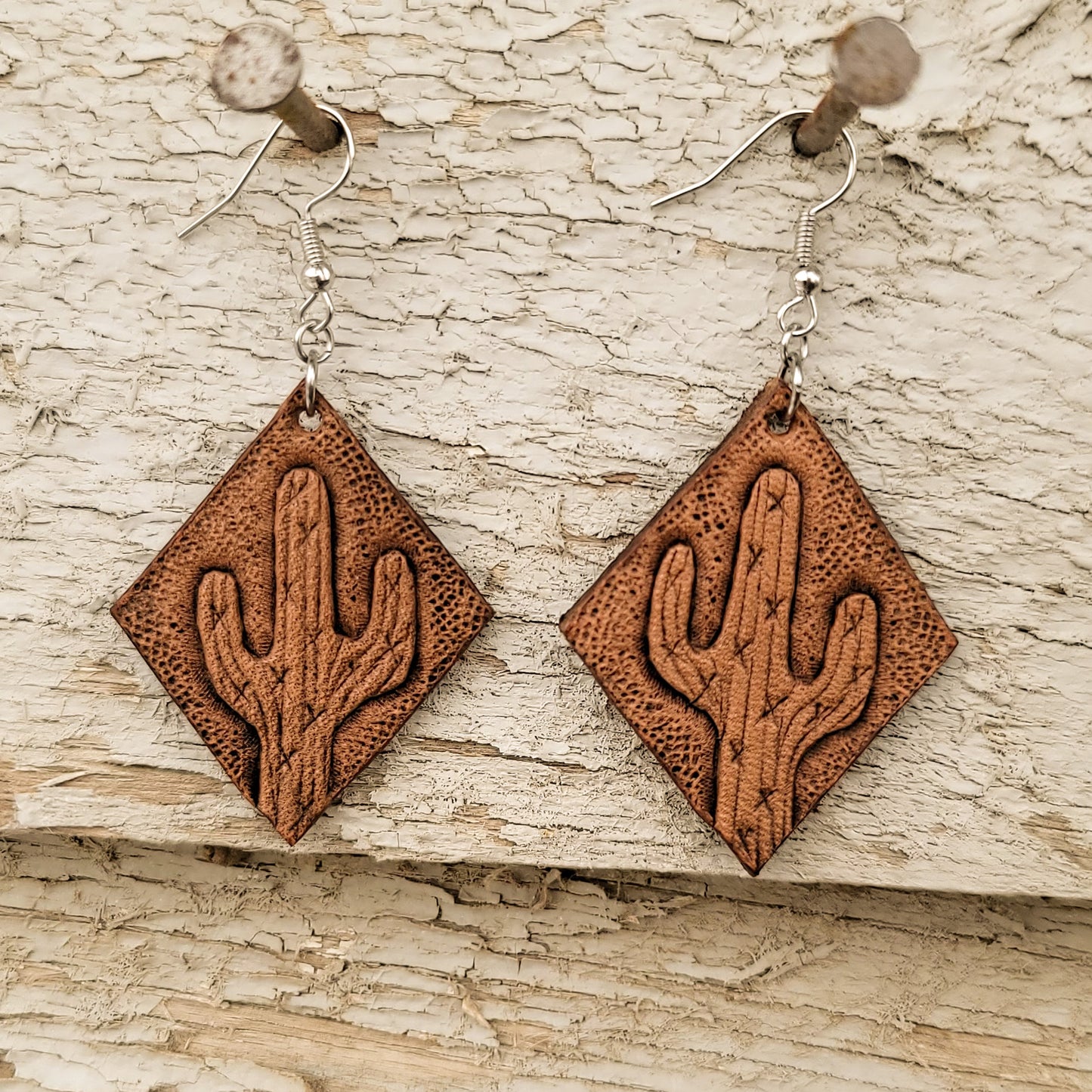 Small Diamond Cactus Leather Earrings