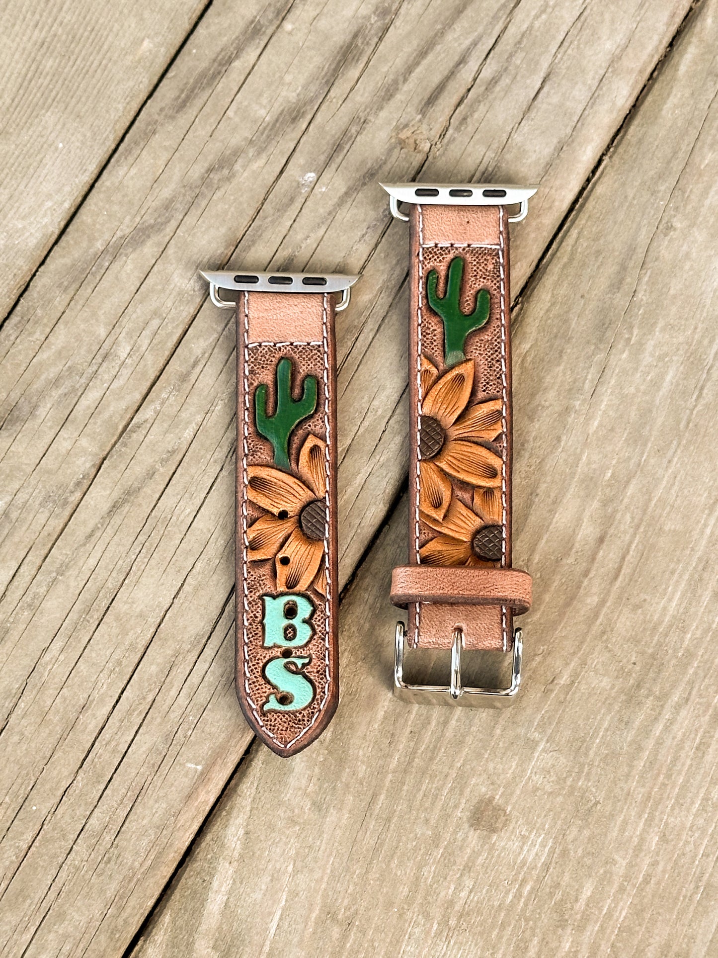 Sunflower & Cactus Painted Leather Smart Watch Band w/ Initials