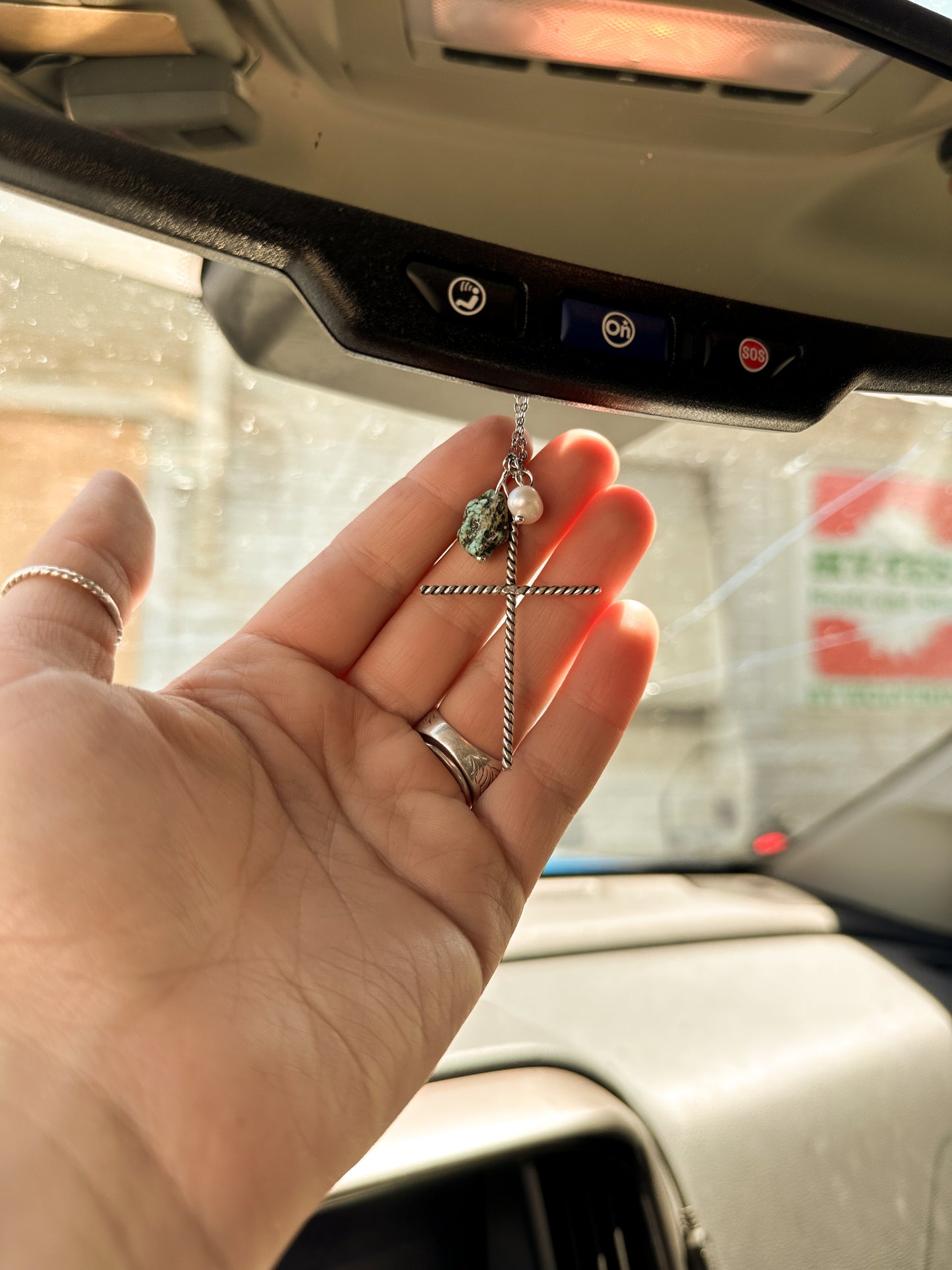 Sterling Silver Rearview Mirror Cross Charm with Pearl & Turquoise
