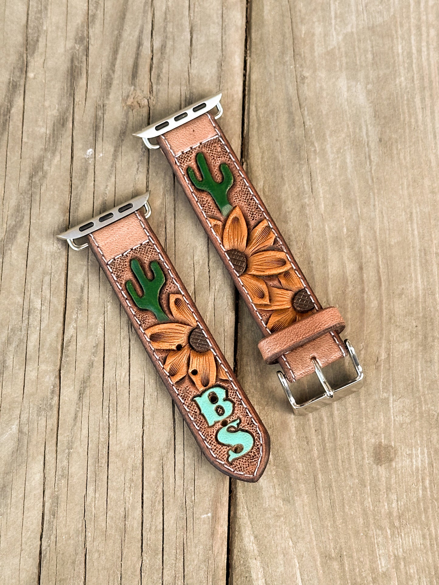Sunflower & Cactus Painted Leather Smart Watch Band w/ Initials