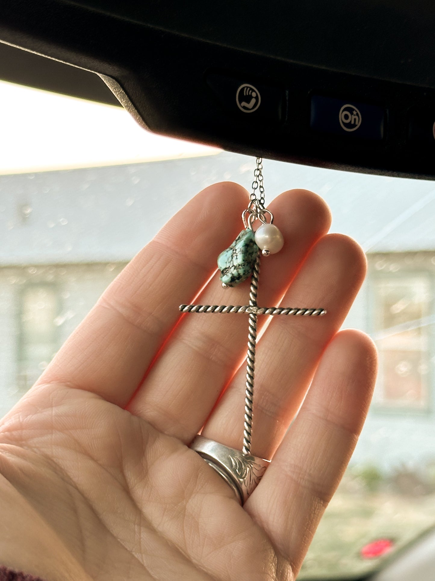 Sterling Silver Rearview Mirror Cross Charm with Pearl & Turquoise