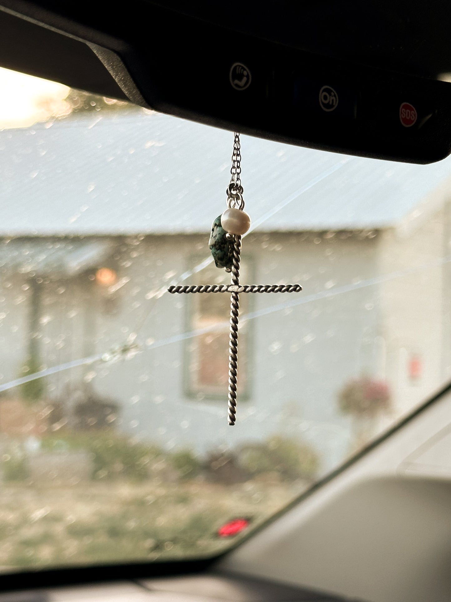 Sterling Silver Rearview Mirror Cross Charm with Pearl & Turquoise