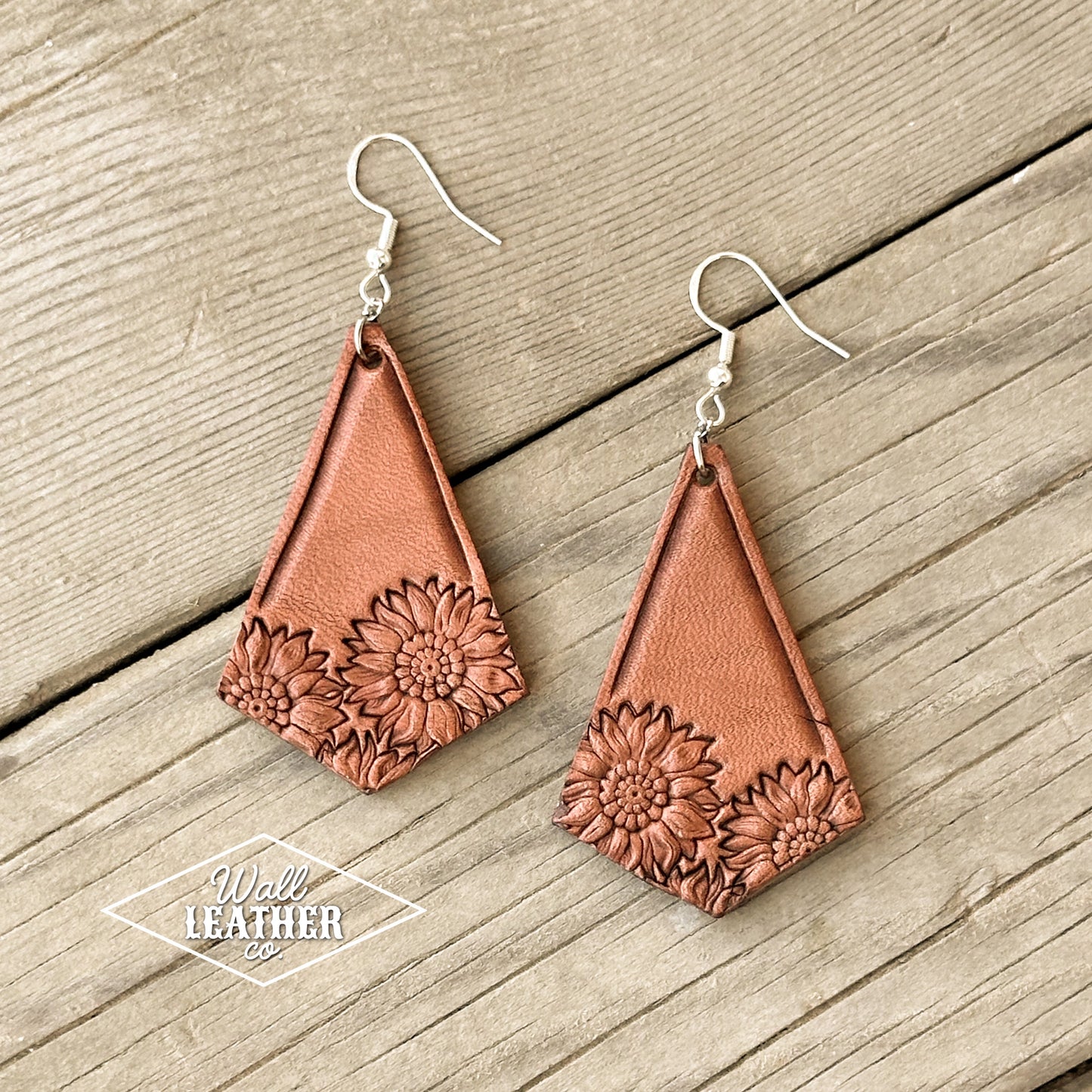 Diamond Sunflower Stamped Leather Earrings