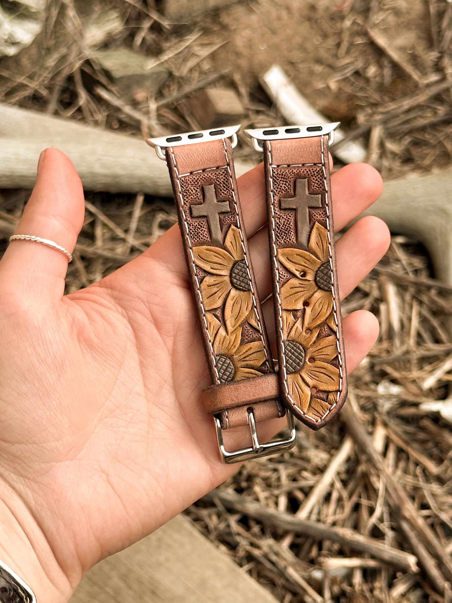 Sunflowers & Cross Painted Leather Smart Watch Band