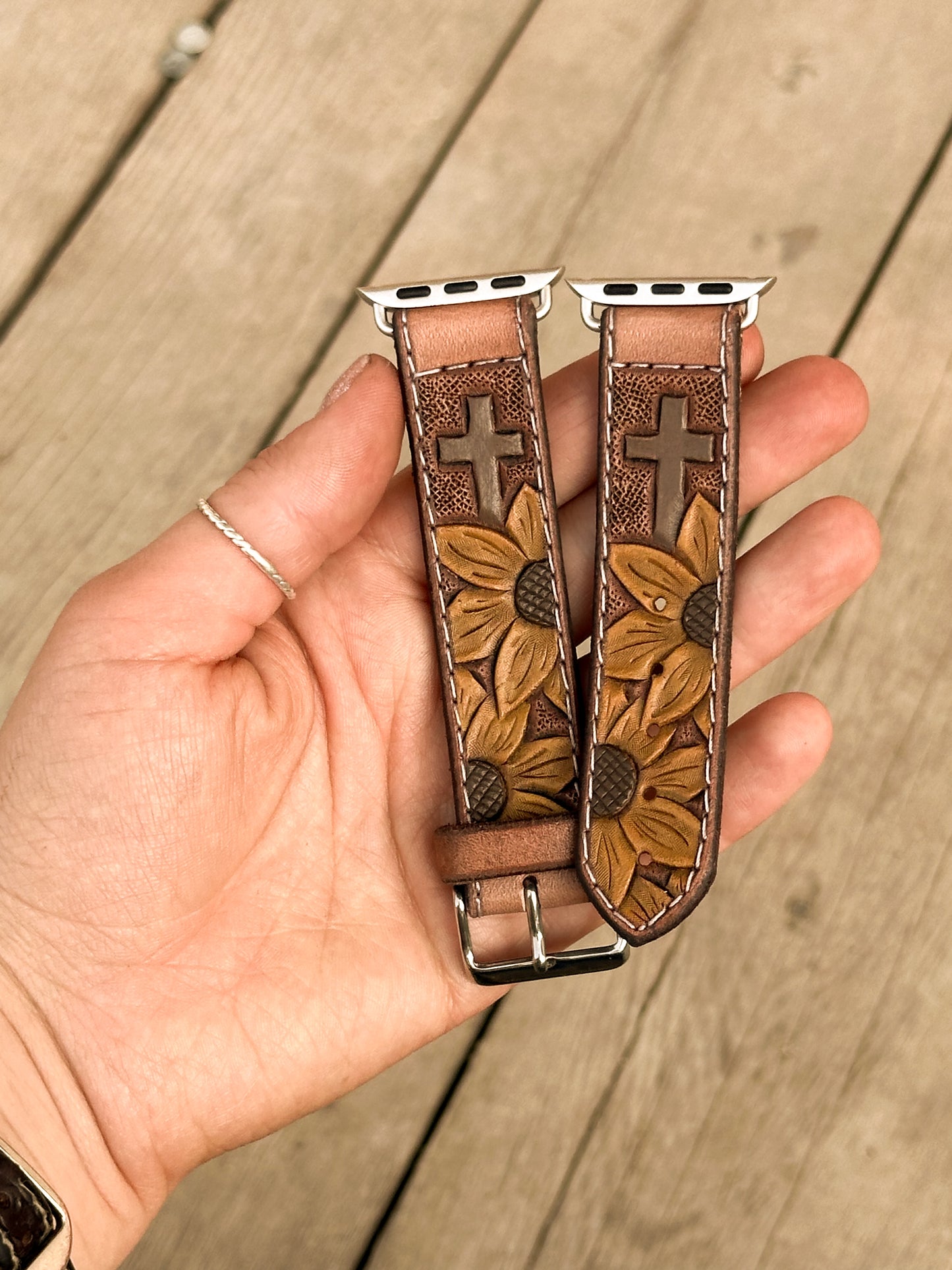 Sunflowers & Cross Painted Leather Smart Watch Band