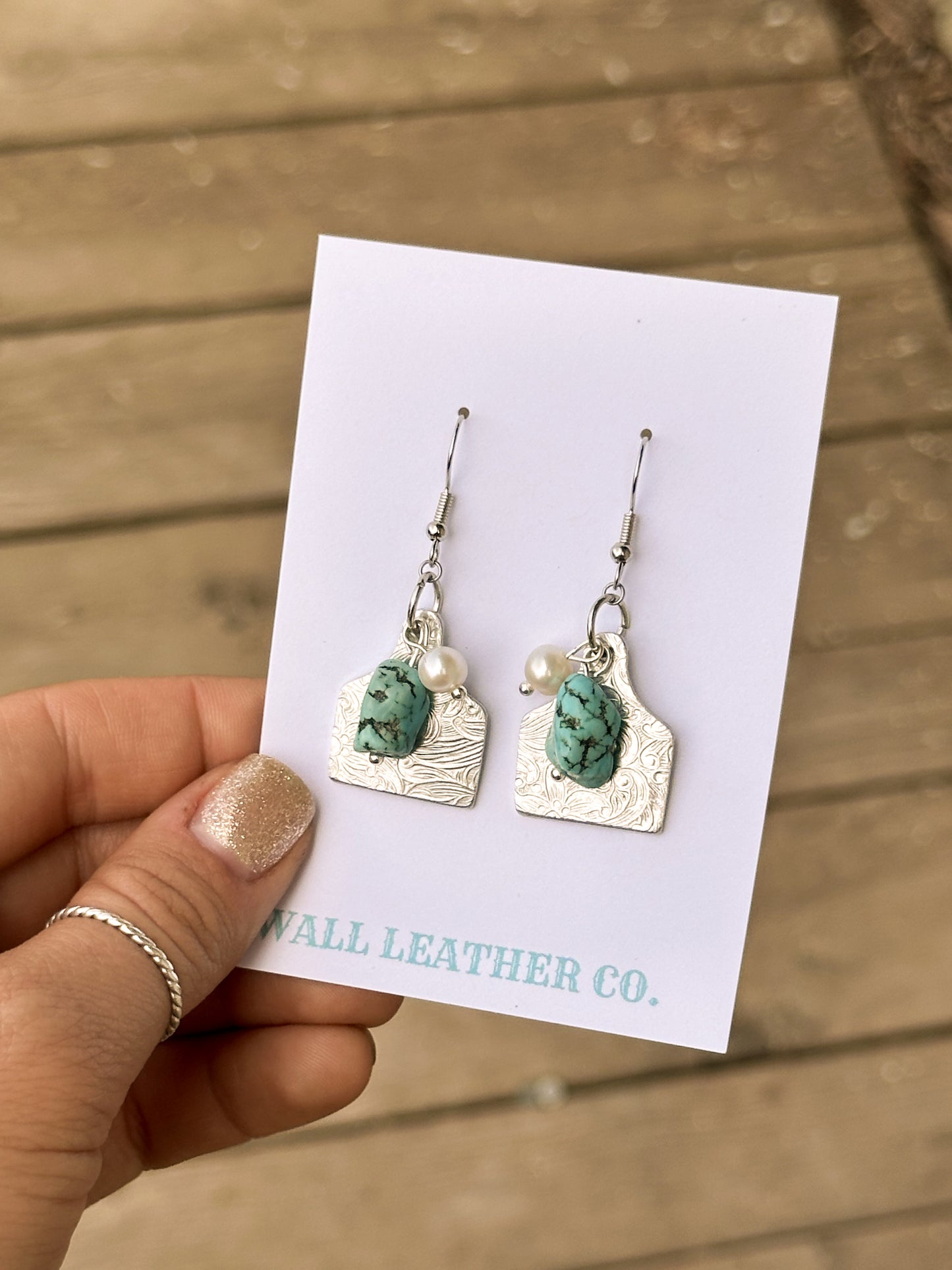 Cattle Tag Paisley Print Earrings with Turquoise & Pearls