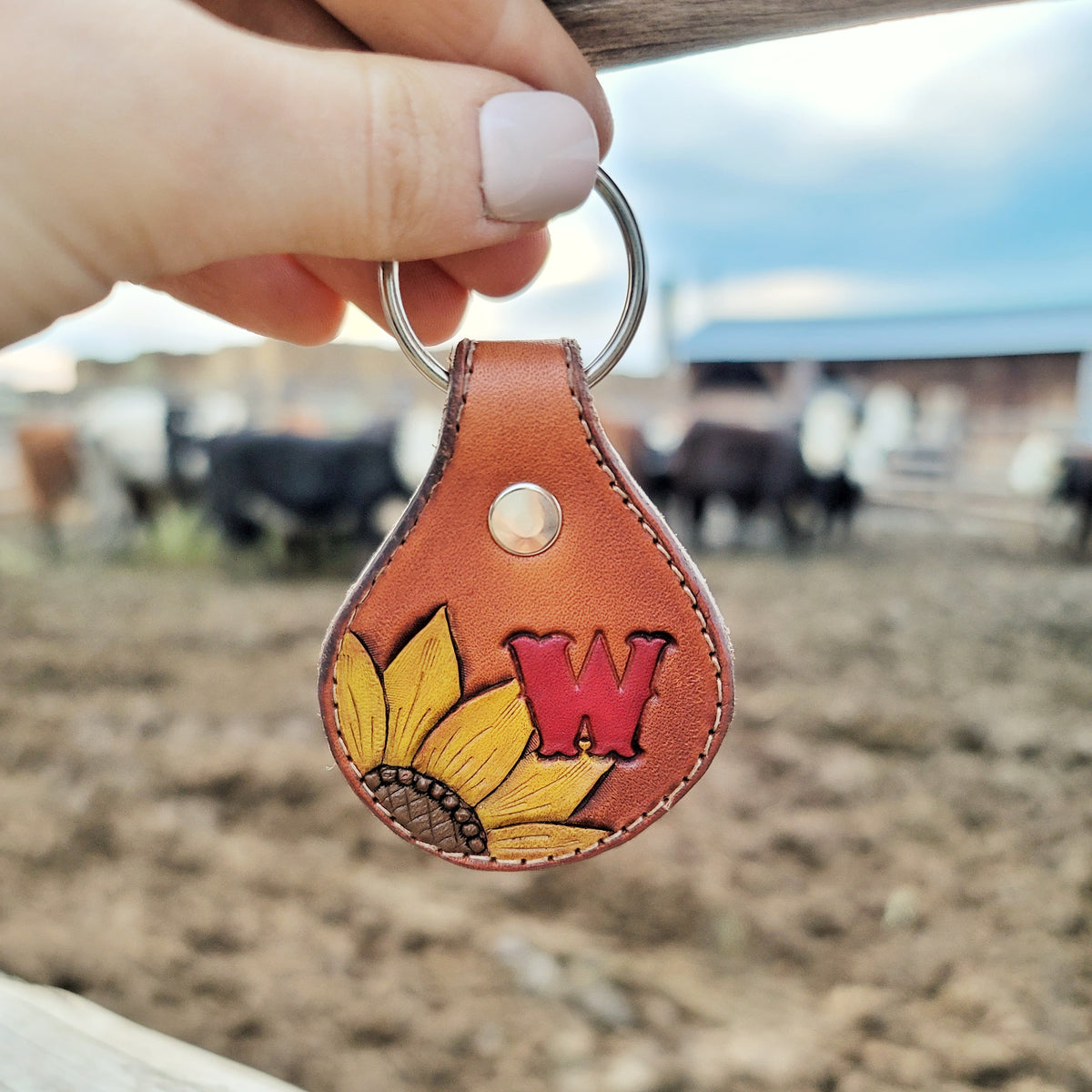 Painted Sunflower & Initial Round Leather Keychain