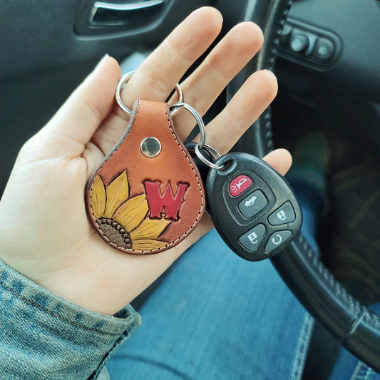 Painted Sunflower & Initial Round Leather Keychain