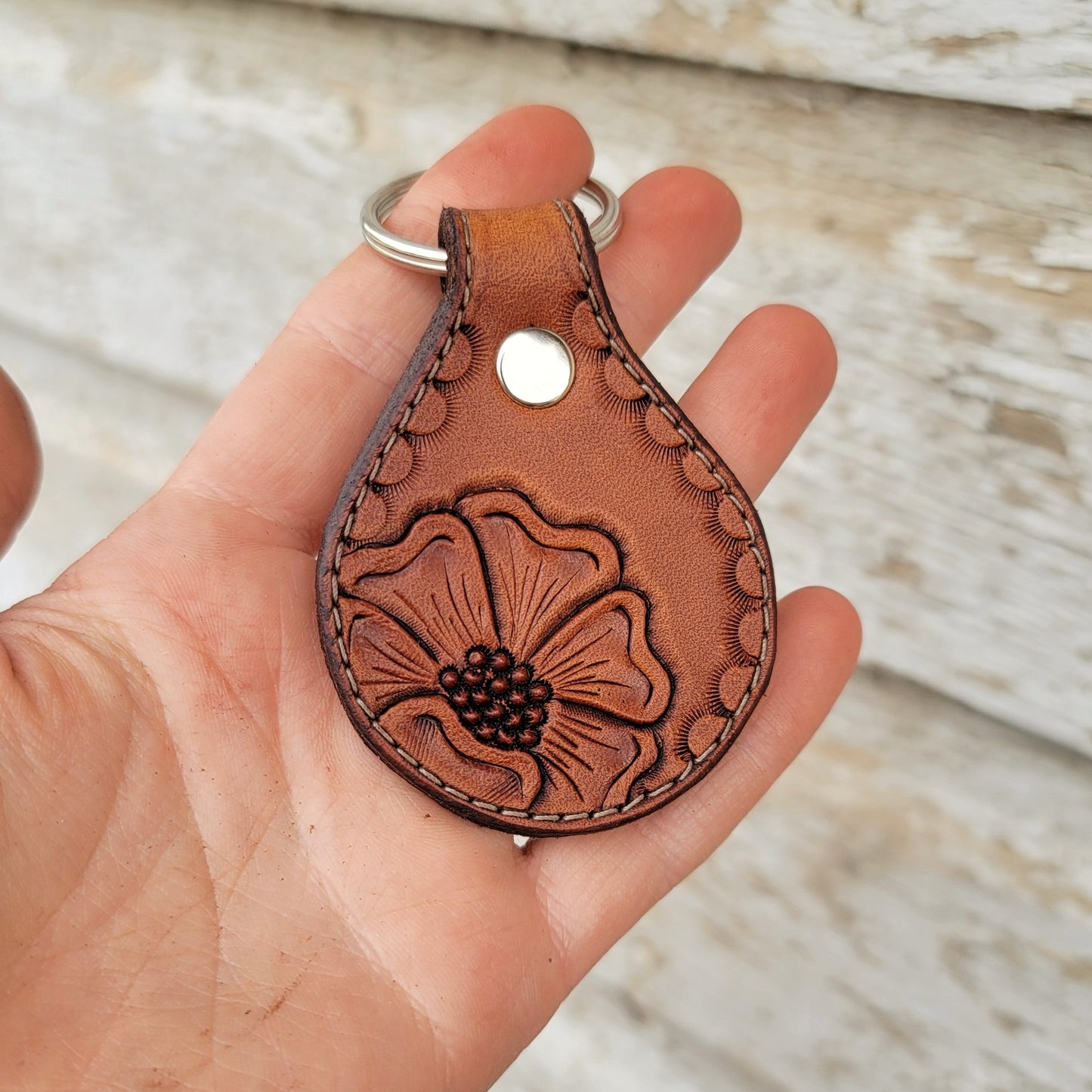 Floral Round Leather Keychain