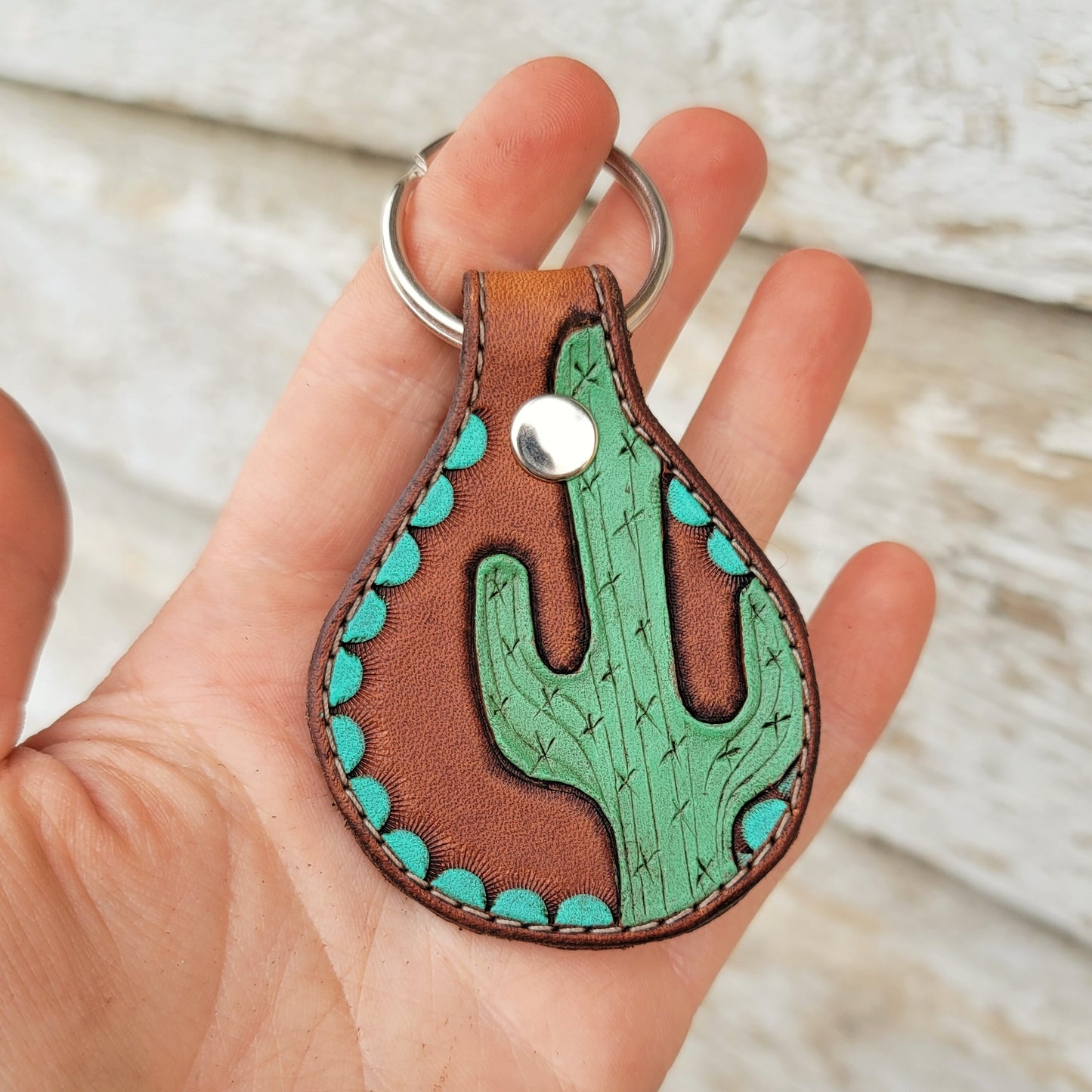 Painted Cactus Round Leather Keychain