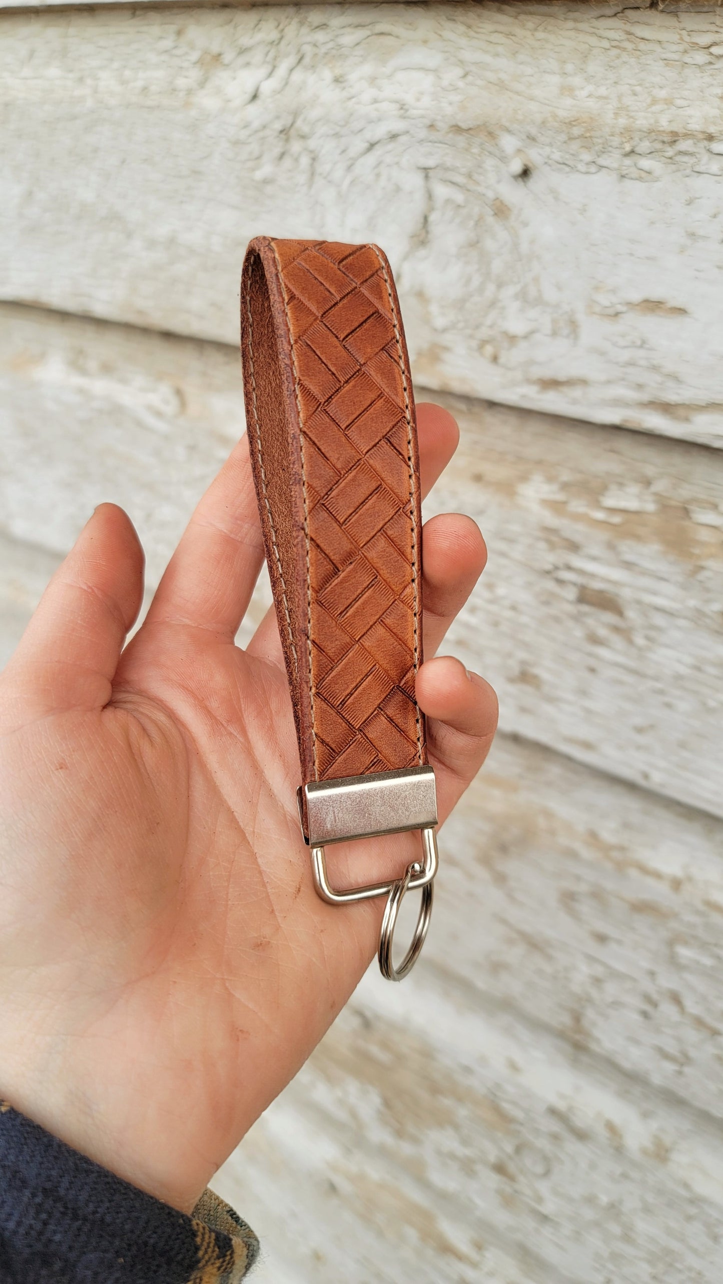 Crosshatch Stamped Leather Keychain