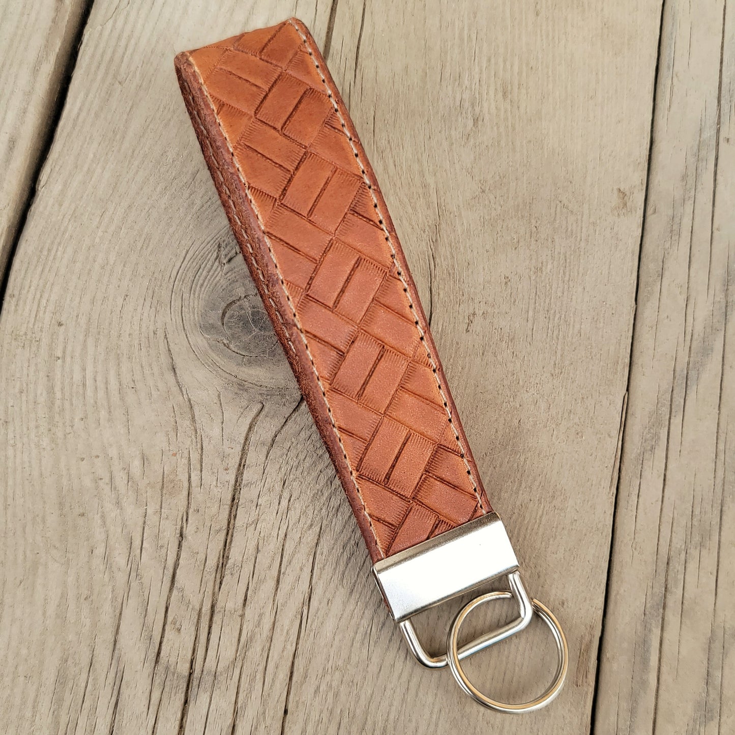 Crosshatch Stamped Leather Keychain