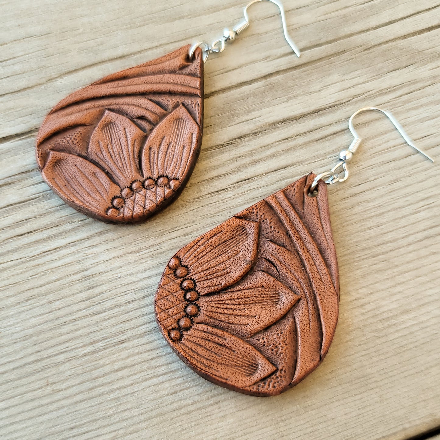 Teardrop Sunflower Leather Earrings