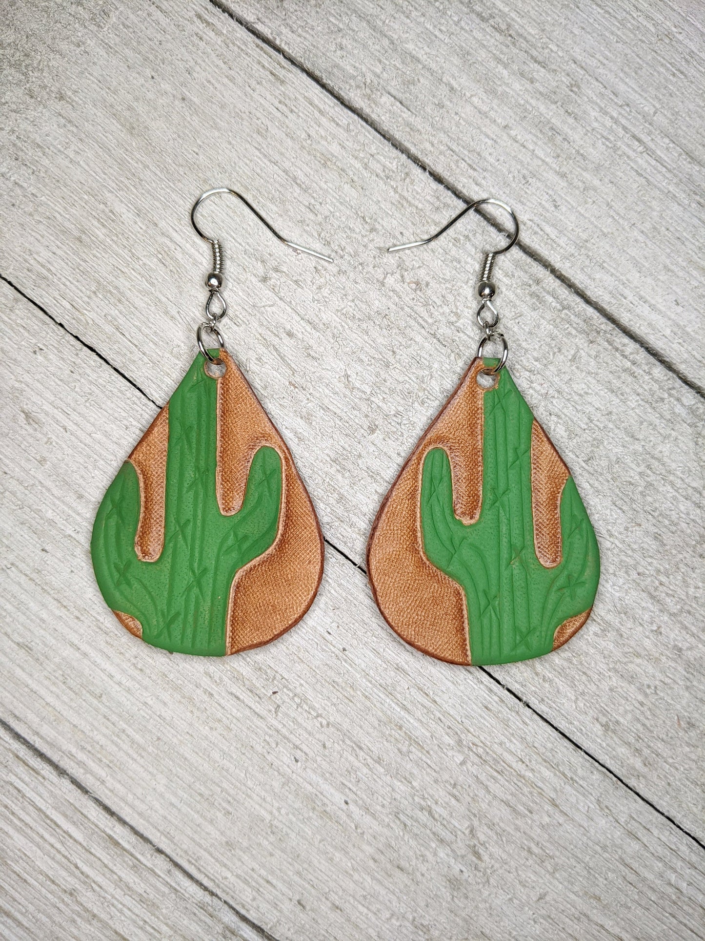 Teardrop Cactus Painted Leather Earrings