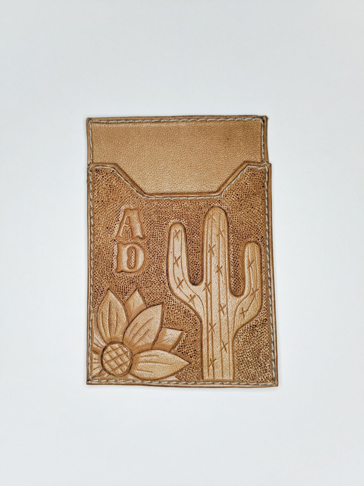 Sunflower & Cactus Tooled Leather Phone Wallet w/ Initials