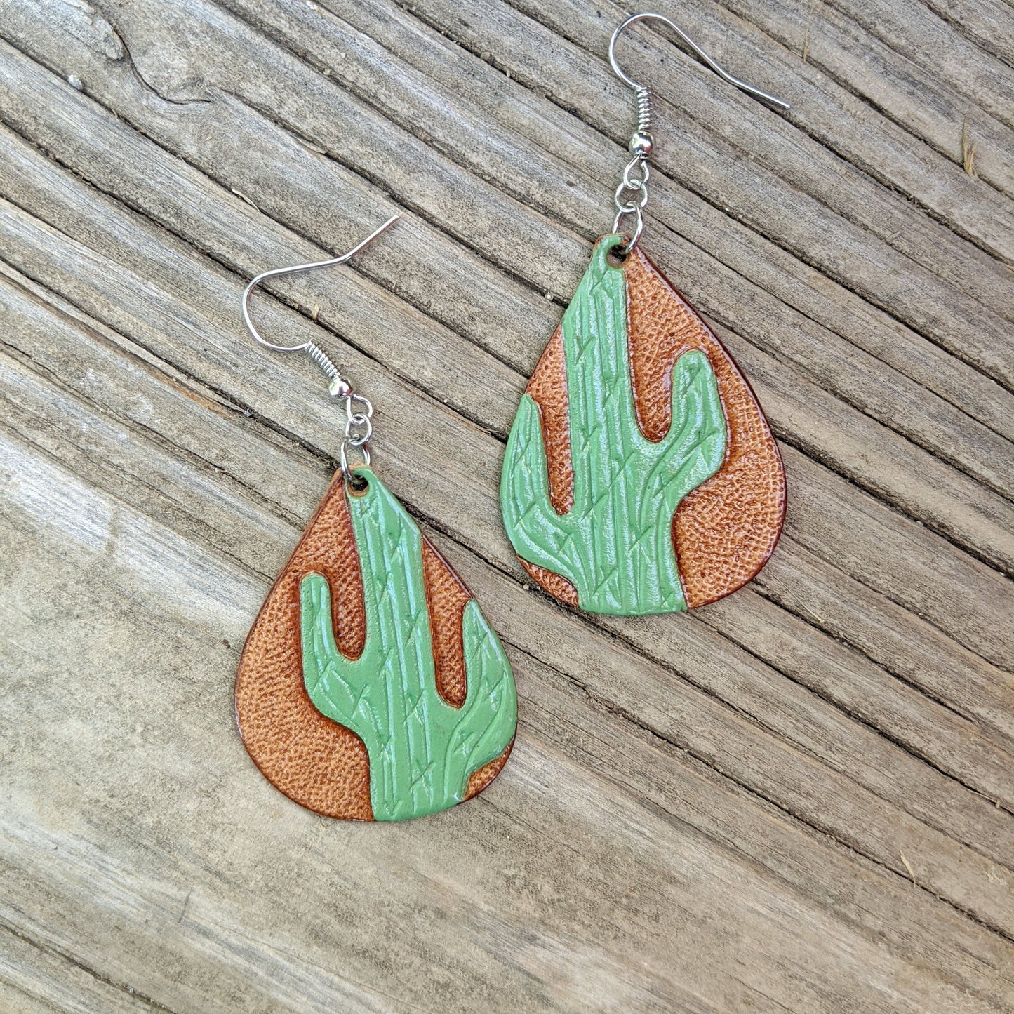 Teardrop Cactus Painted Leather Earrings