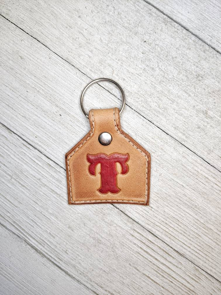 Custom Initial Ear Tag Leather Keychain