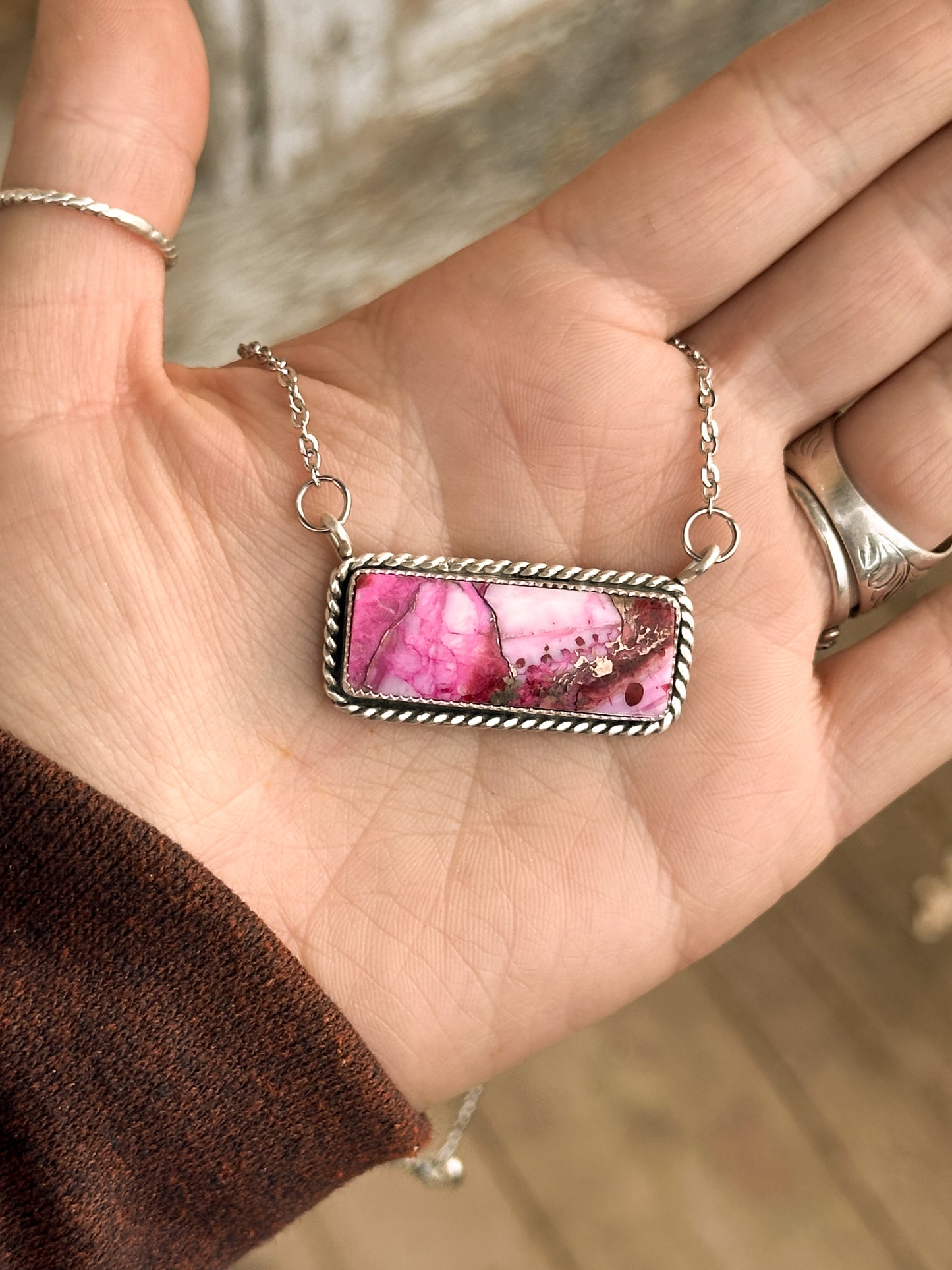 Pink Spiny Oyster/Kingman Turquoise & Sterling Silver Bar Necklace