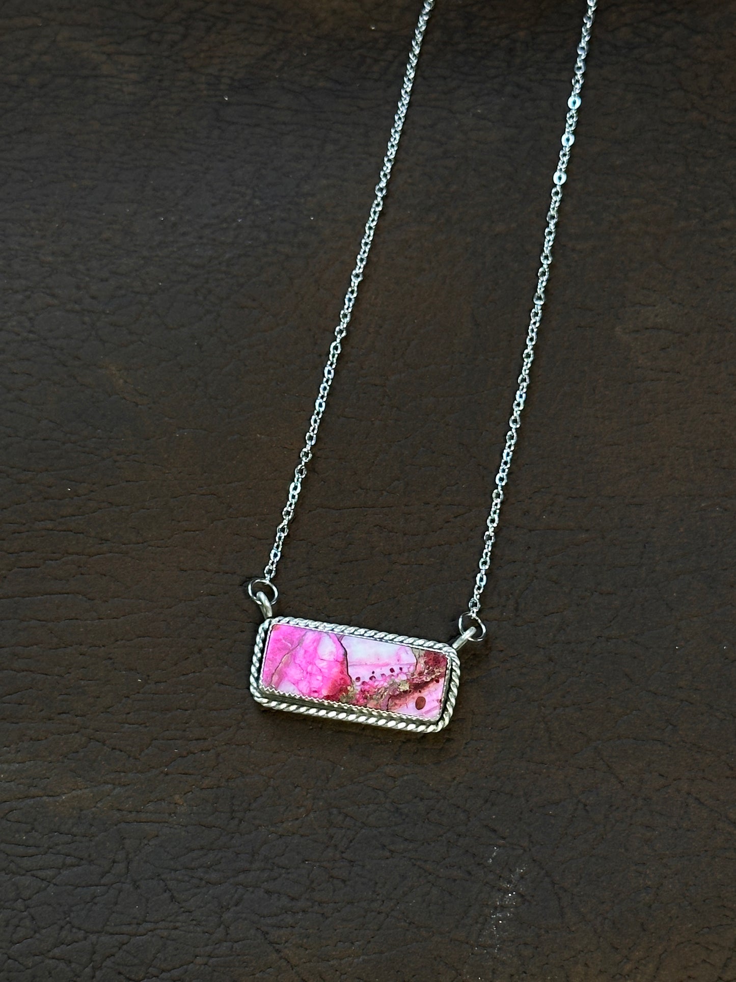 Pink Spiny Oyster/Kingman Turquoise & Sterling Silver Bar Necklace
