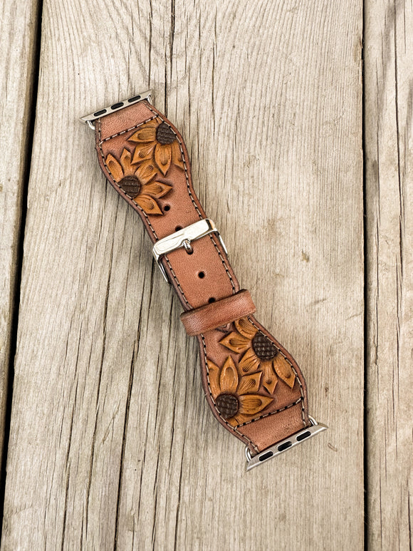 Sunflower Painted Leather Smart Watch Band Wall Leather Co
