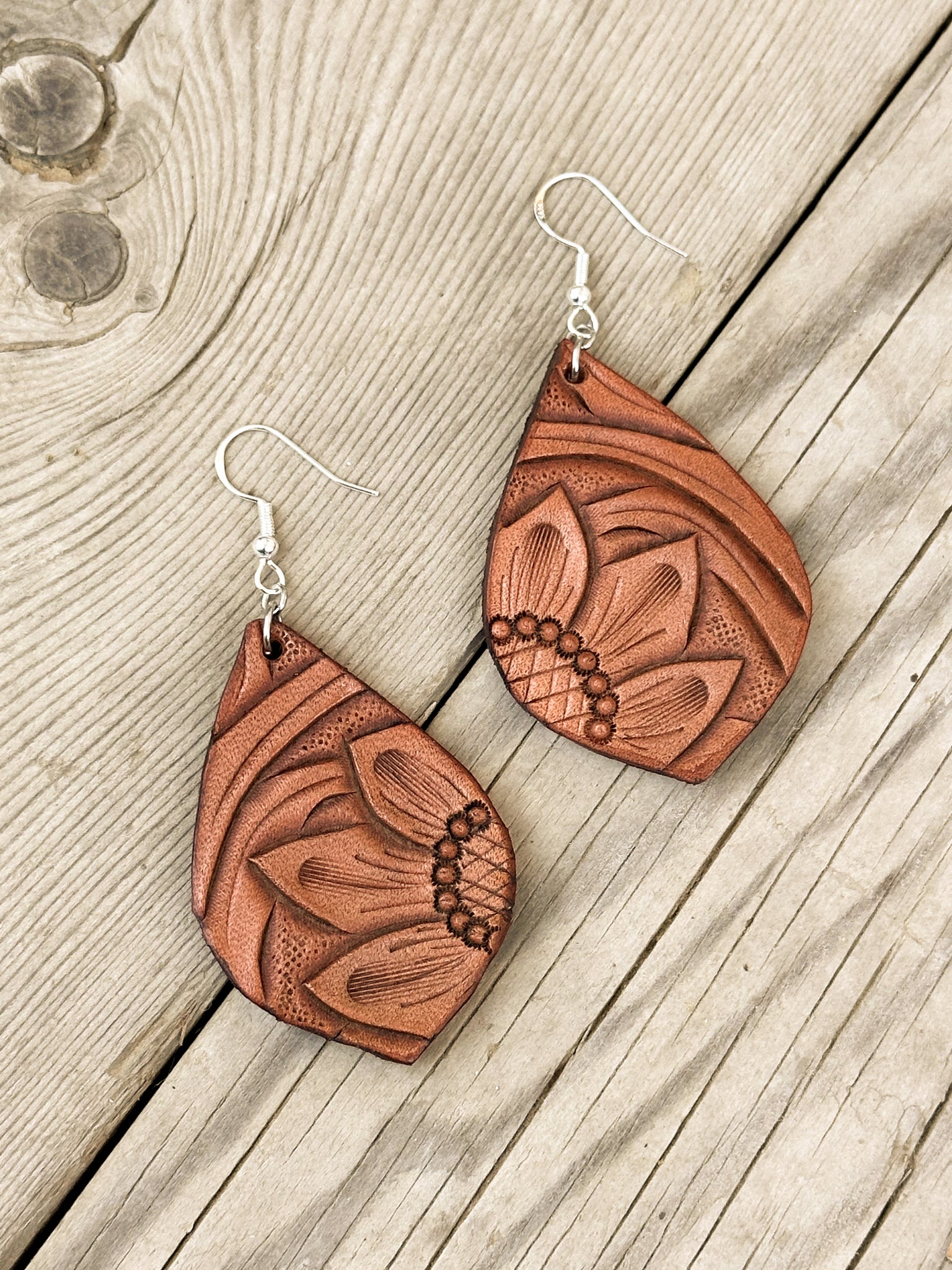 Leather store sunflower earrings