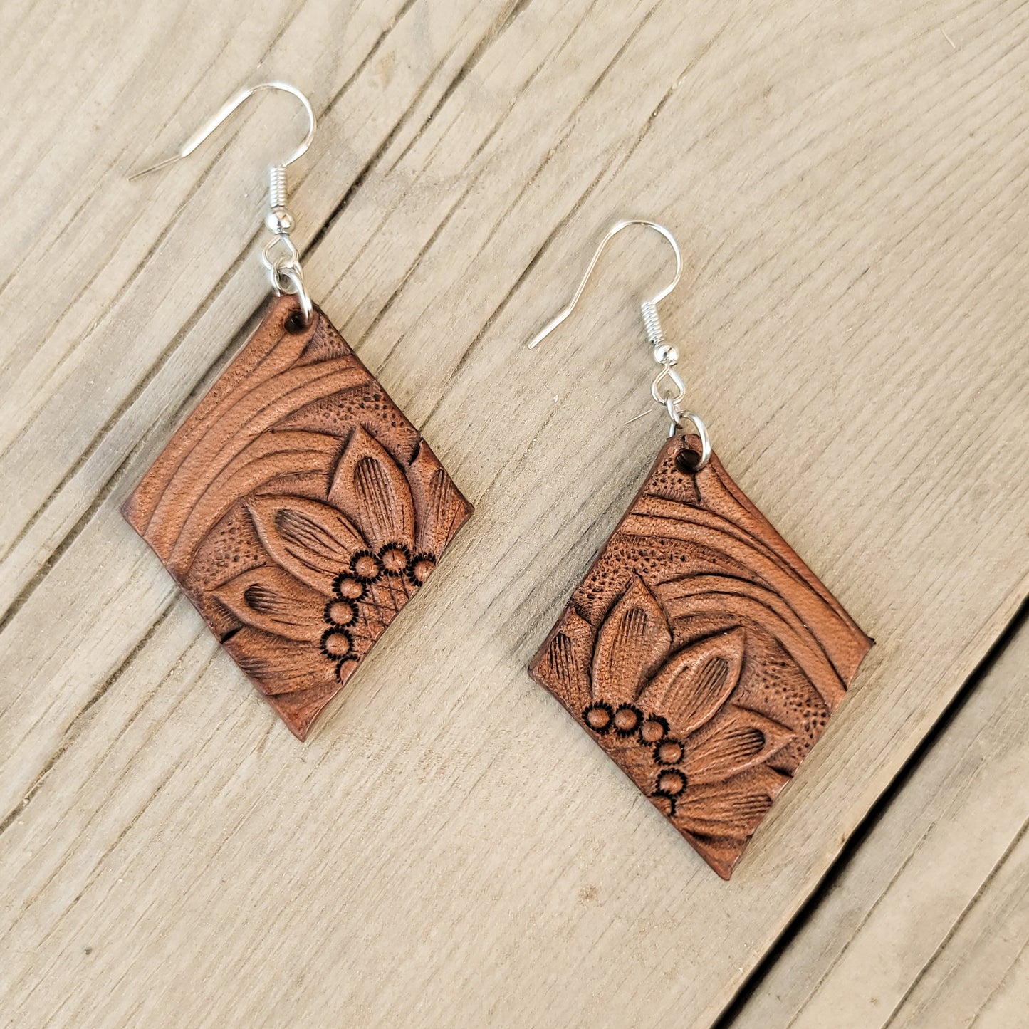 Small Diamond Sunflower Leather Earrings