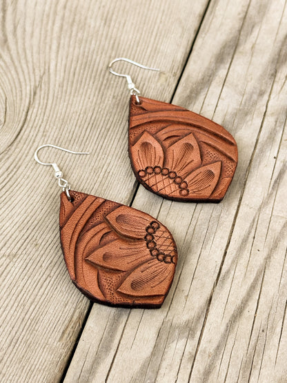 Pointed Teardrop Sunflower Leather Earrings