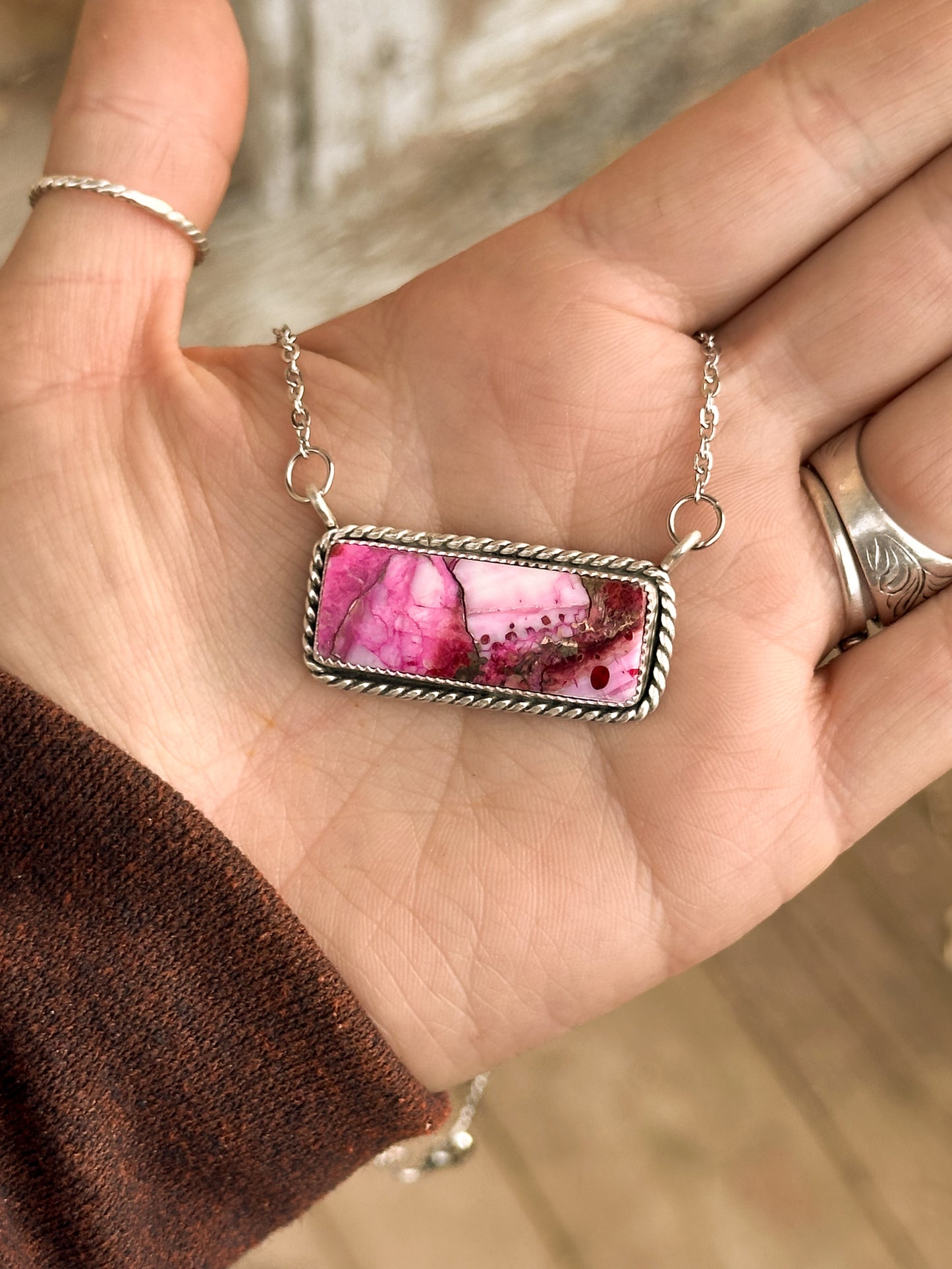 Pink Spiny Oyster/Kingman Turquoise & Sterling Silver Bar Necklace