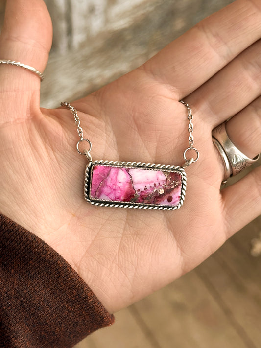 Pink Spiny Oyster/Kingman Turquoise & Sterling Silver Bar Necklace