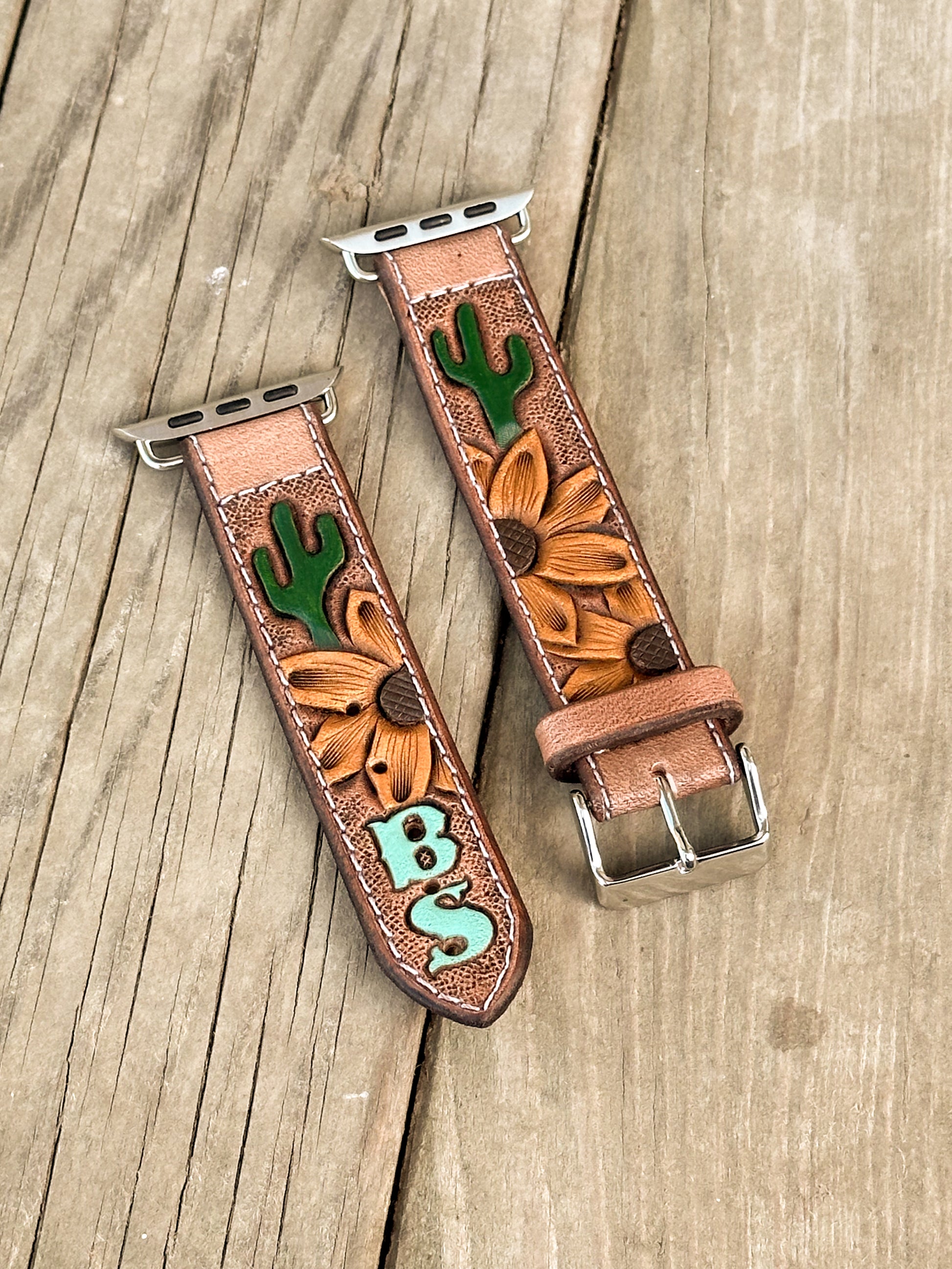 Sunflower Cactus Painted Leather Smart Watch Band w/ Initials