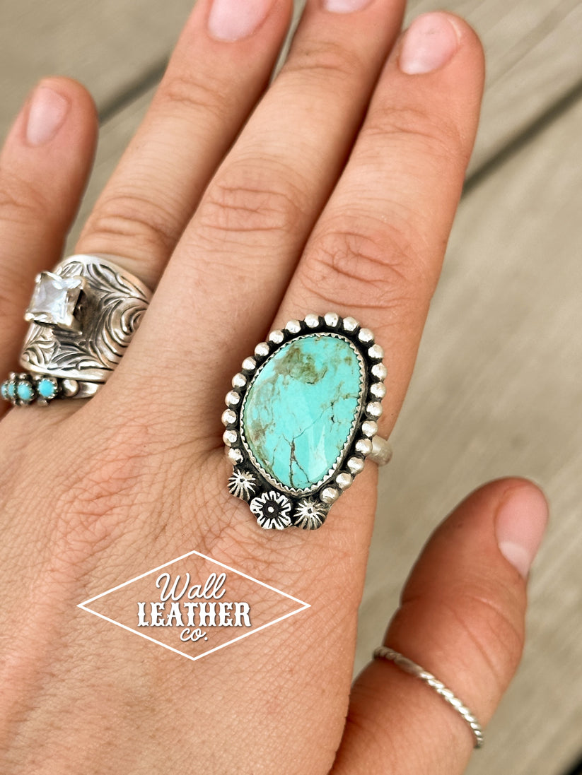 Floral Blue Turquoise and Sterling Silver Statement Ring