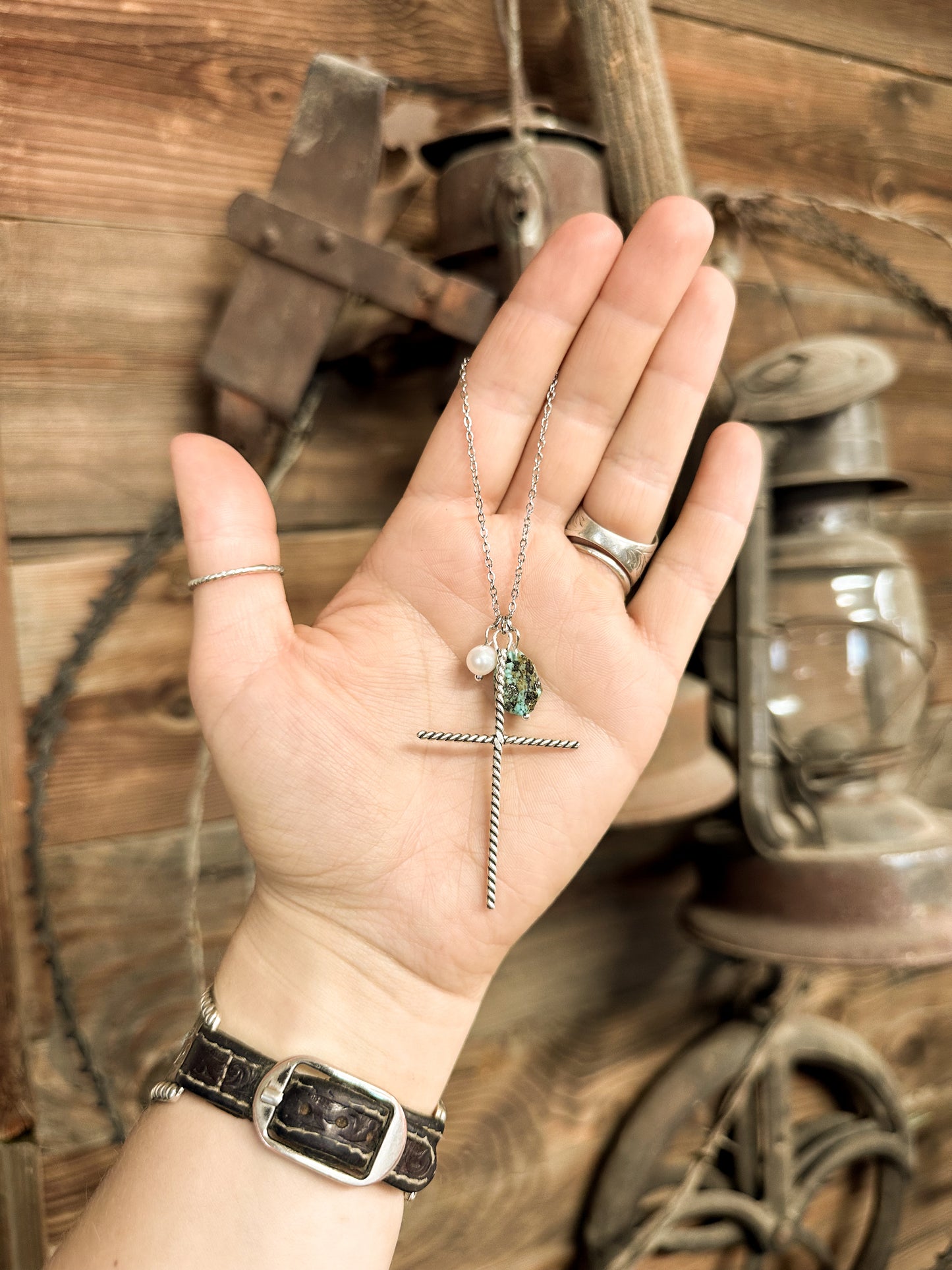 Sterling Silver Rearview Mirror Cross Charm with Pearl & Turquoise