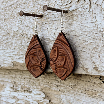 Pointed Teardrop Sunflower Leather Earrings