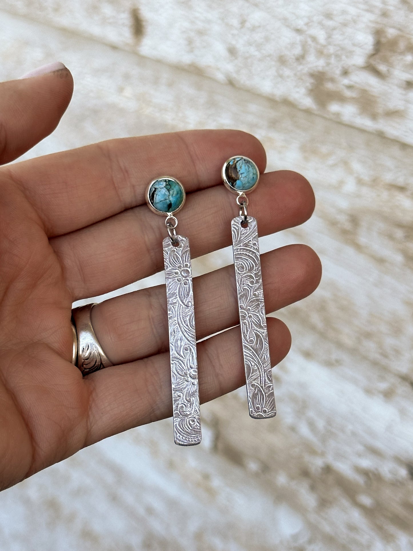 Turquoise Stud with Silver Dangle Earrings