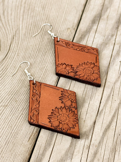 Sunflower Stamped Leather Earrings