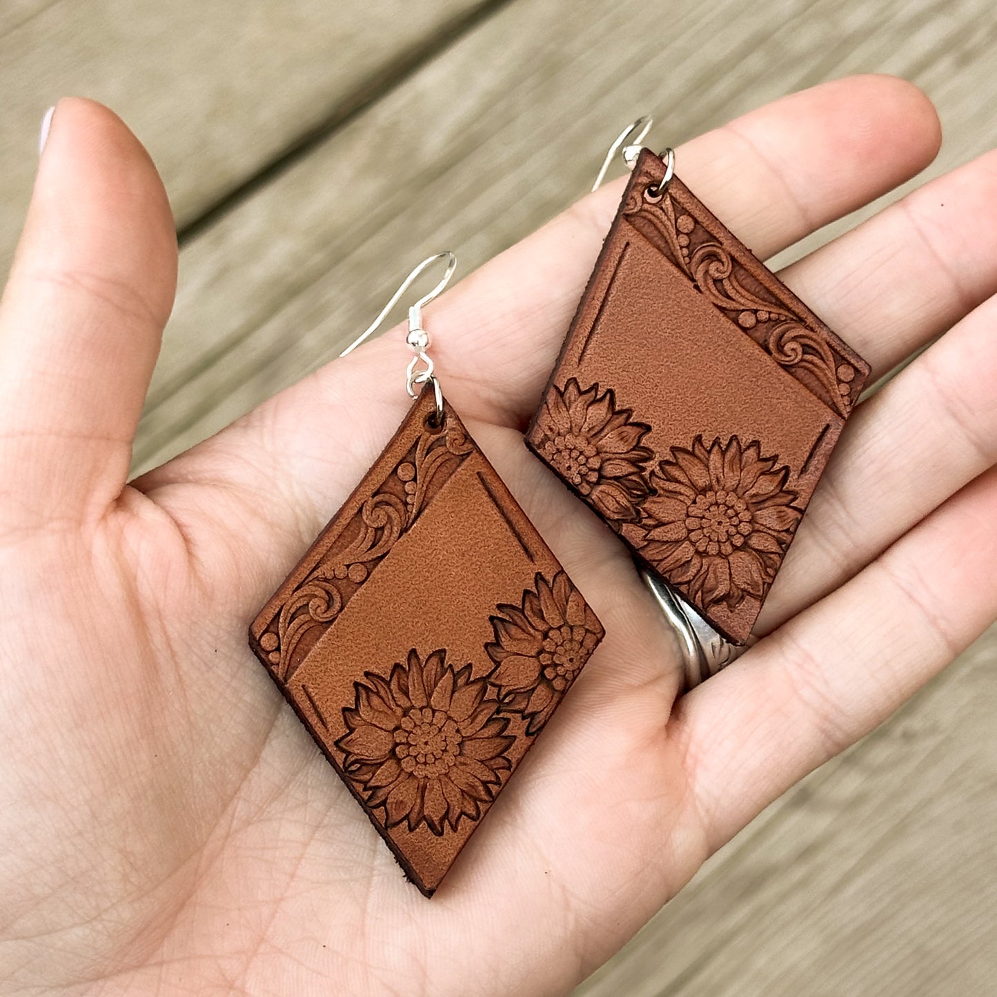 Sunflower Stamped Leather Earrings