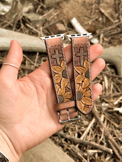 Sunflowers & Cross Painted Leather Smart Watch Band