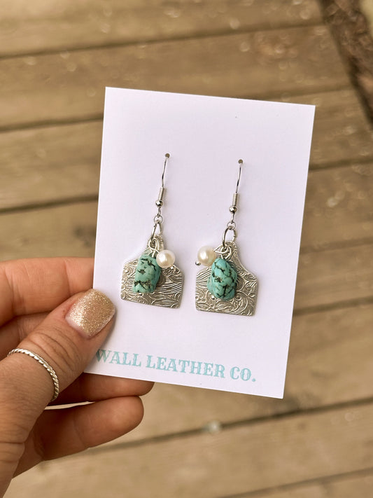 Cattle Tag Paisley Print Earrings with Turquoise & Pearls