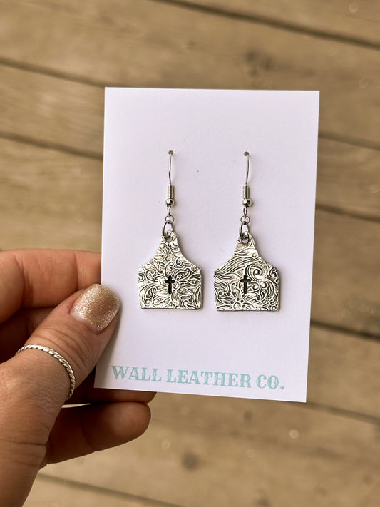 Cross & Paisley Print Cattle Tag Earrings