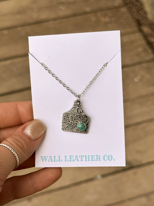 Tarnished Cattle Tag Necklace with Turquoise