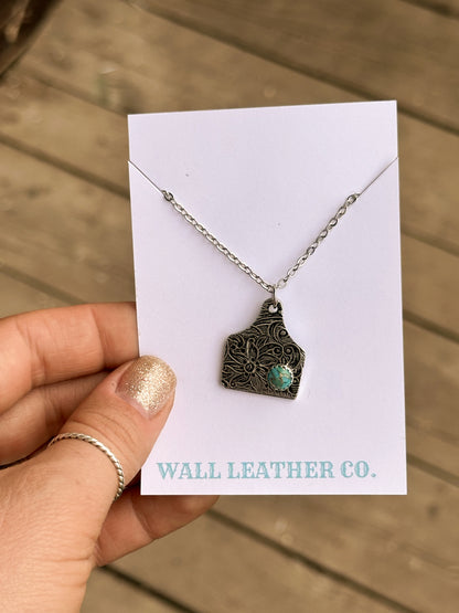 Tarnished Cattle Tag Necklace with Turquoise