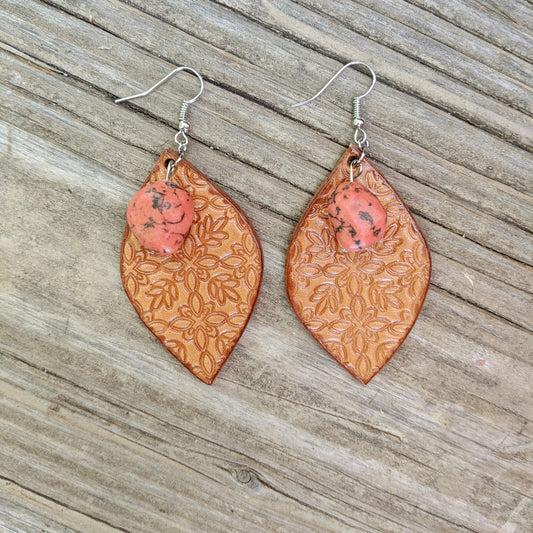 Floral Print Leaf Leather Earrings with Coral