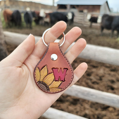 Painted Sunflower & Initial Round Leather Keychain