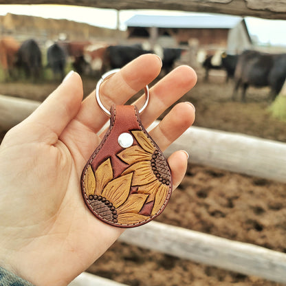 Painted Sunflower Round Leather Keychain