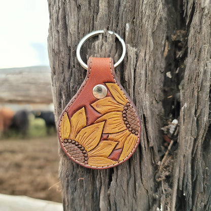 Painted Sunflower Round Leather Keychain