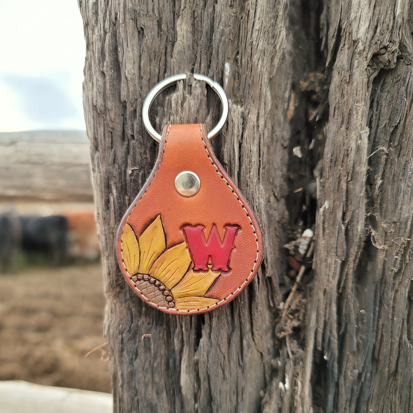 Painted Sunflower & Initial Round Leather Keychain